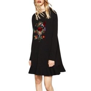 Zara Black Long Sleeve Floral Appliqué Ruffled Hem Dress